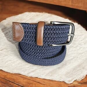 Perry Ellis Portfolio Men's Navy Blue Brown Leather Woven Braided Belt Size L